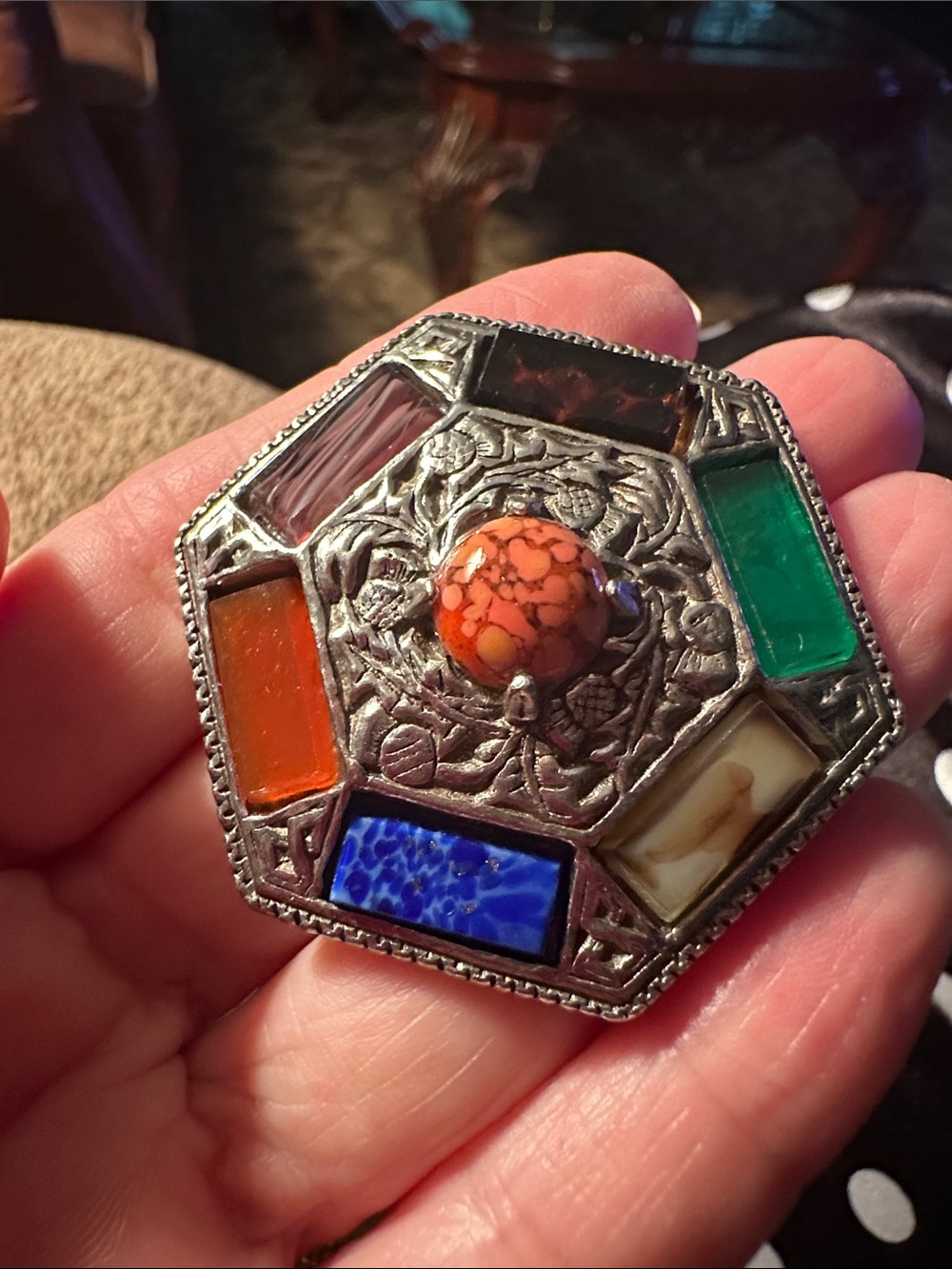 Octagonal Multistone Floral-Relief Brooch in Orange, Blue, Green and Cream